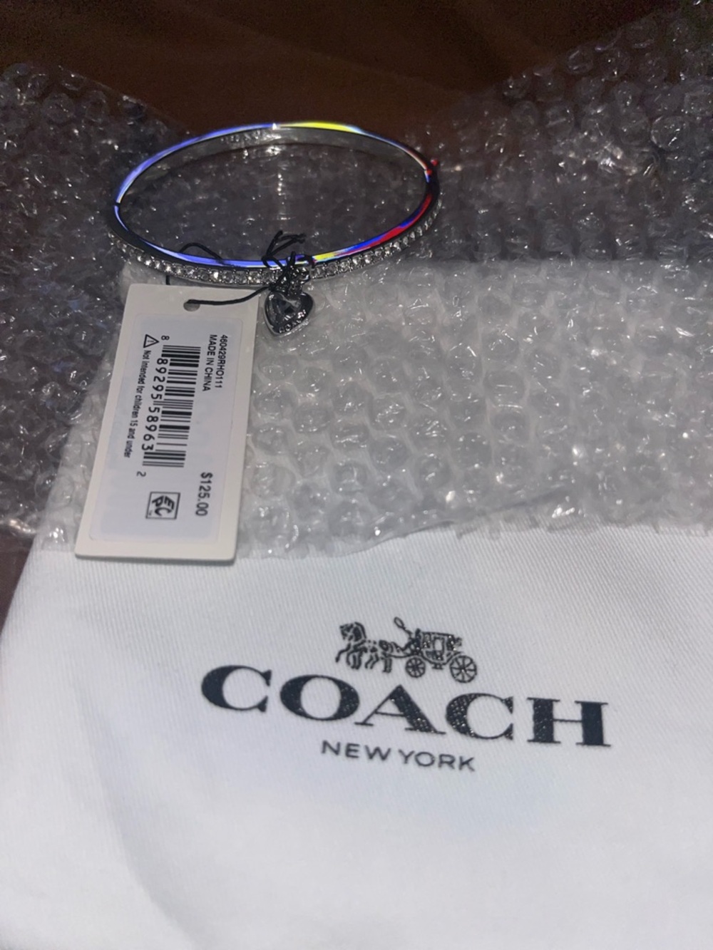 Coach Silver Heart Charm Bangle Bracelet with Clear Crystals